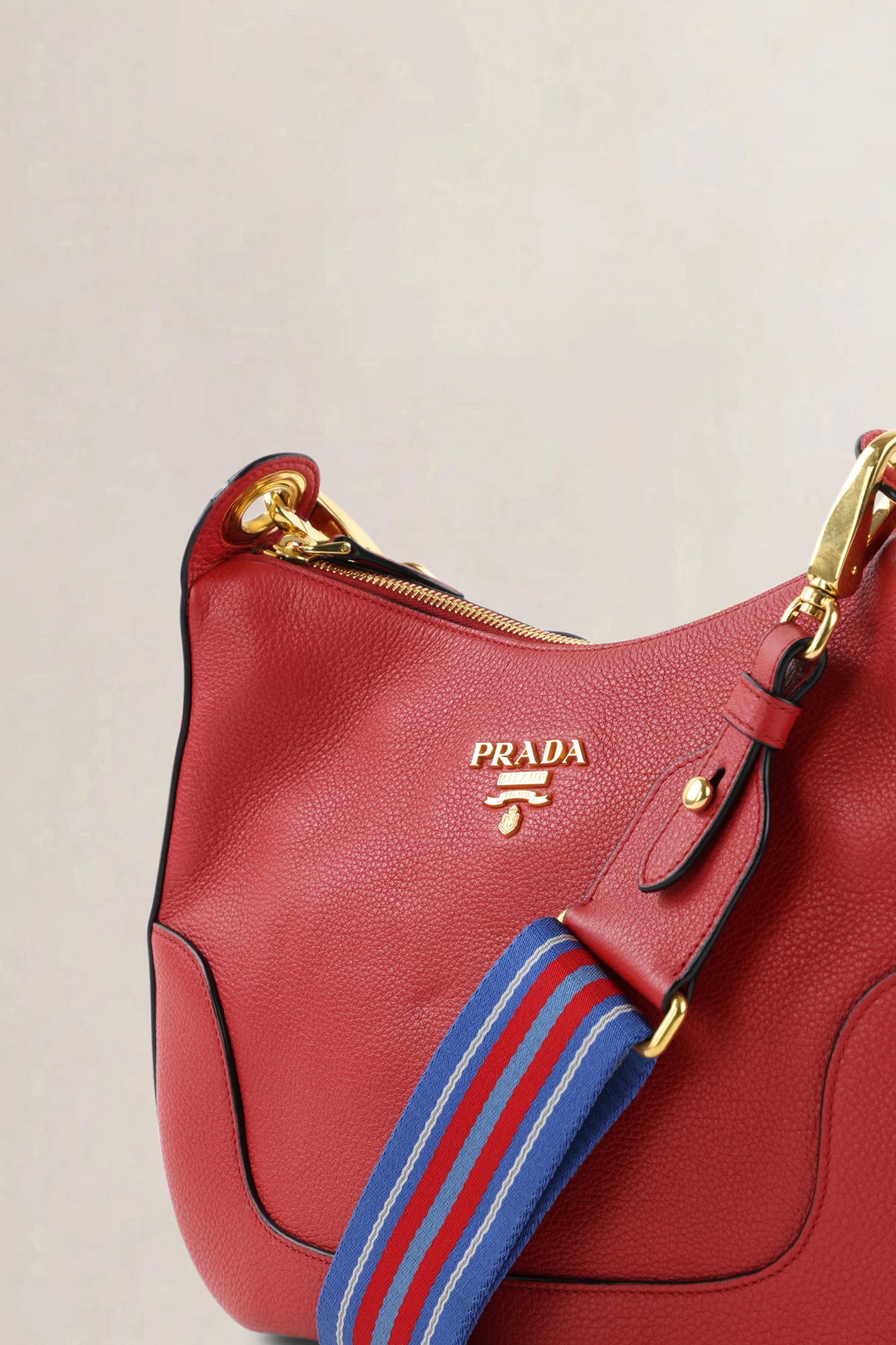 Prada Rosso Vitello Phenix Striped Strap Zip Shoulder Bag