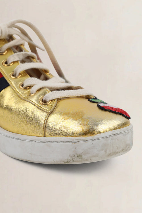 Gucci Ace Floral Embroidered Metallic Gold Sneakers