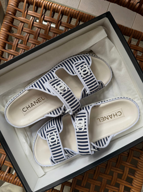 Chanel Blue/White Striped Dad Sandals