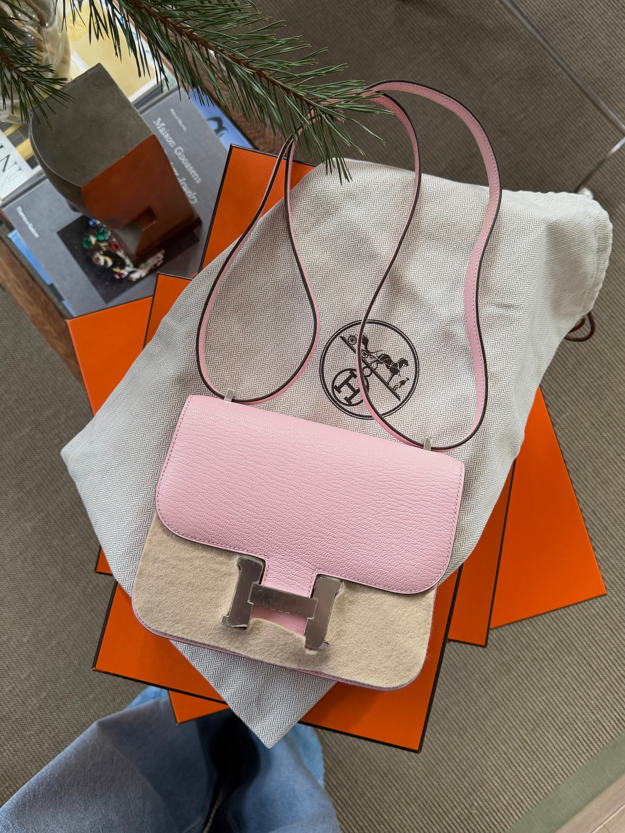 Hermès Constance Mini Chèvre Rose Sakura Crossbody Bag