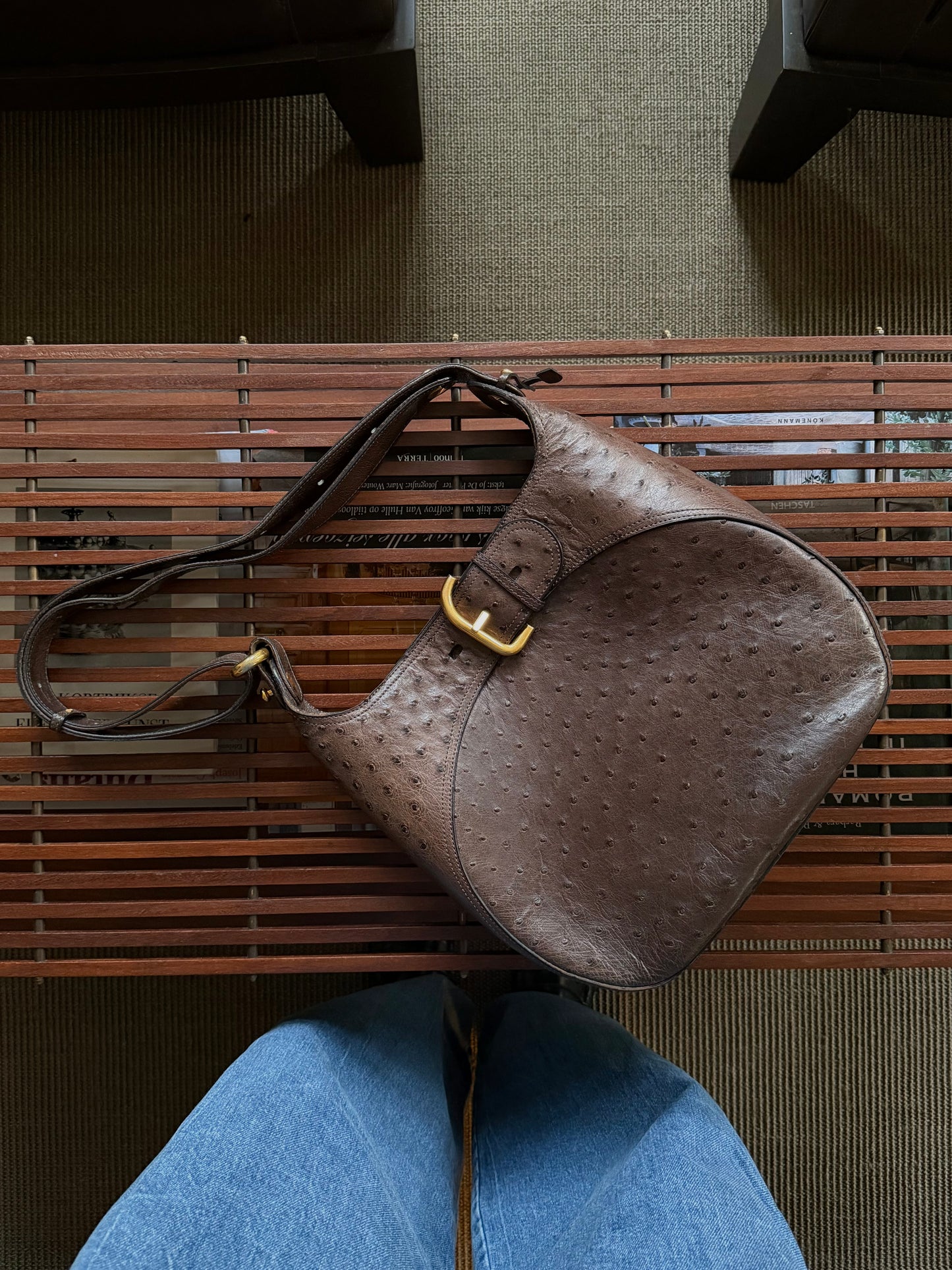 Delvaux Brown Souverain Ostrich Crossbody Bag