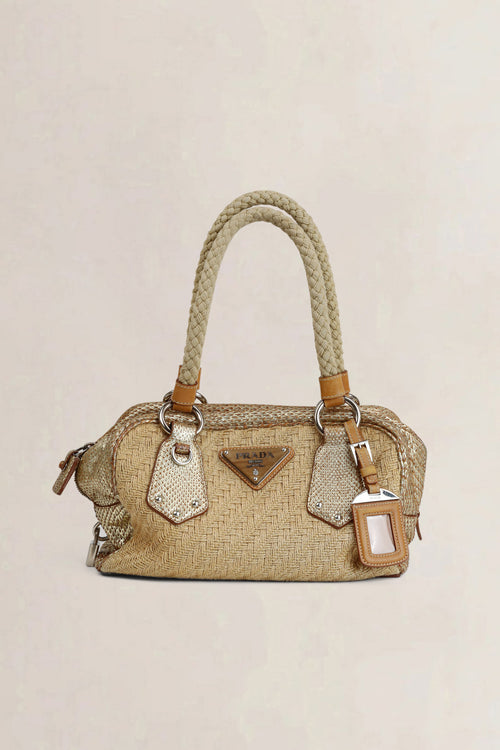 Prada Beige Raffia Pitone-Trim Shoulder Bag