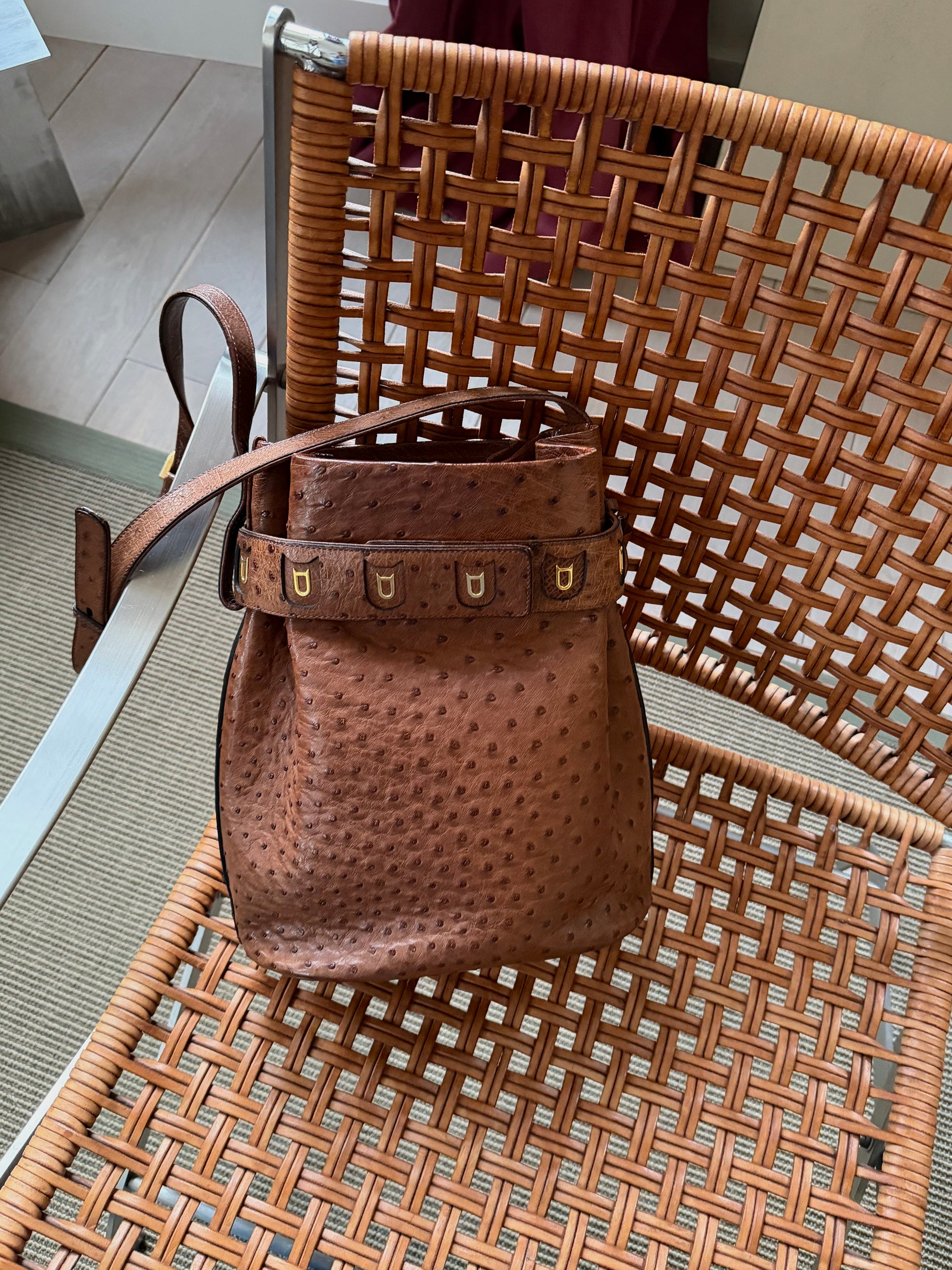 Delvaux Cognac Calicot Ostrich Crossbody Bag