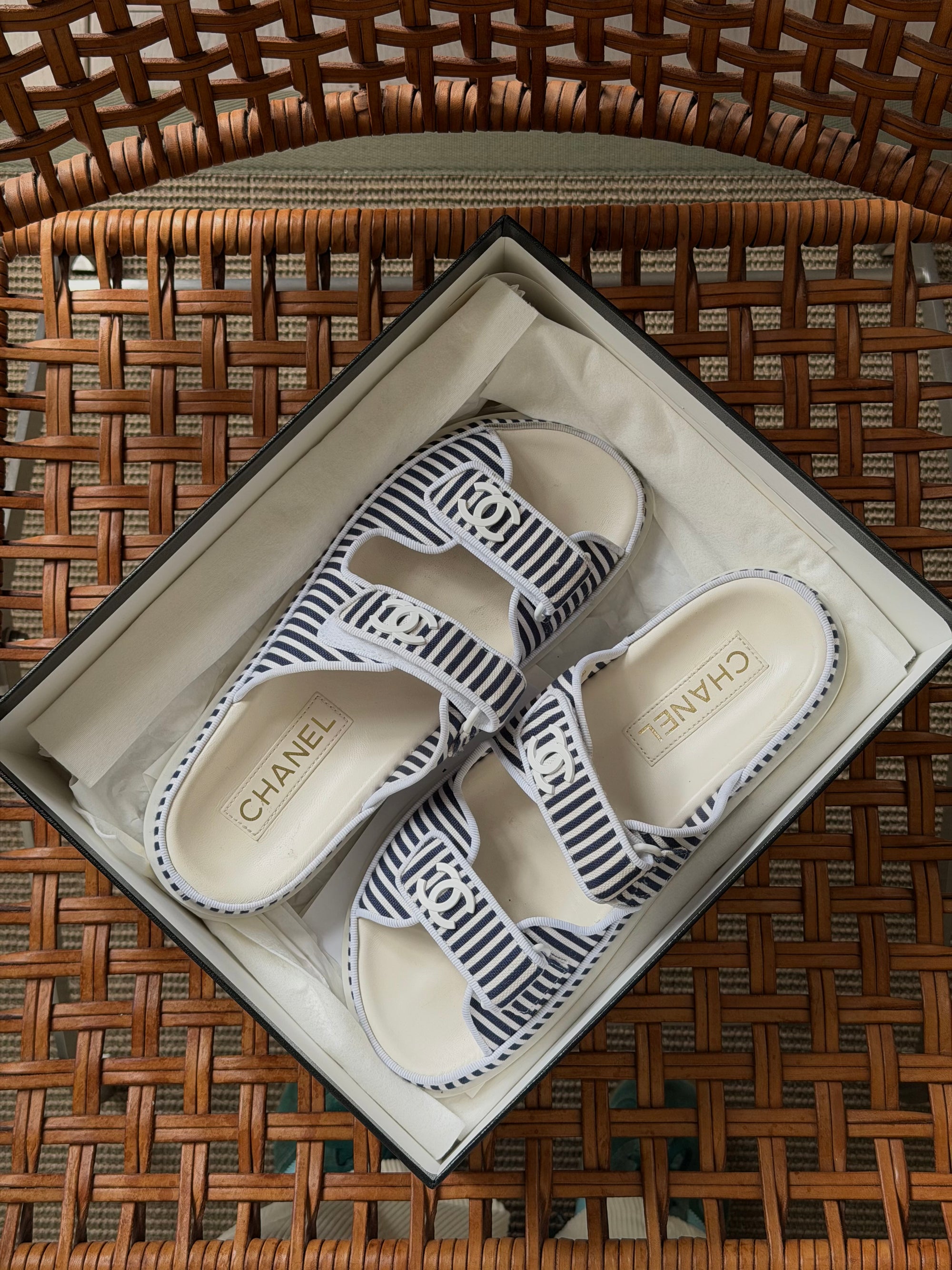 Chanel Blue/White Striped Dad Sandals