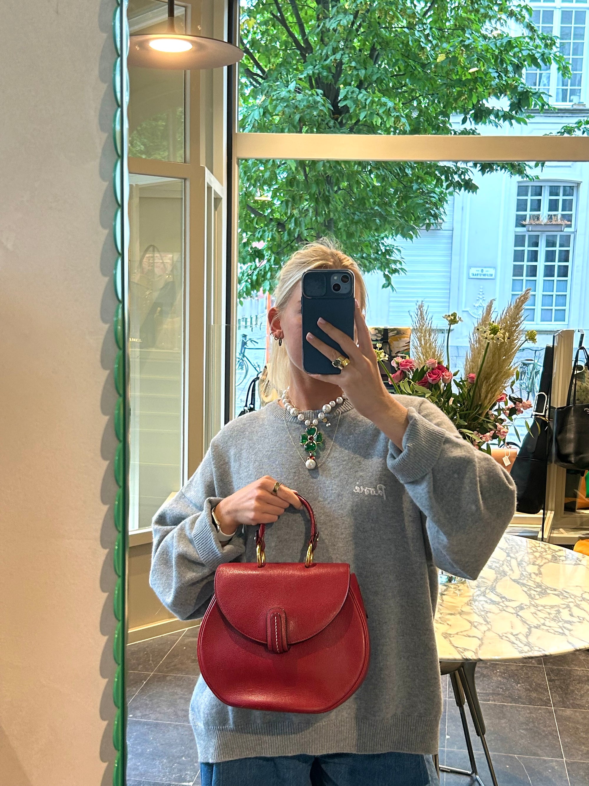 Delvaux Rosso Round Top Handle Bag