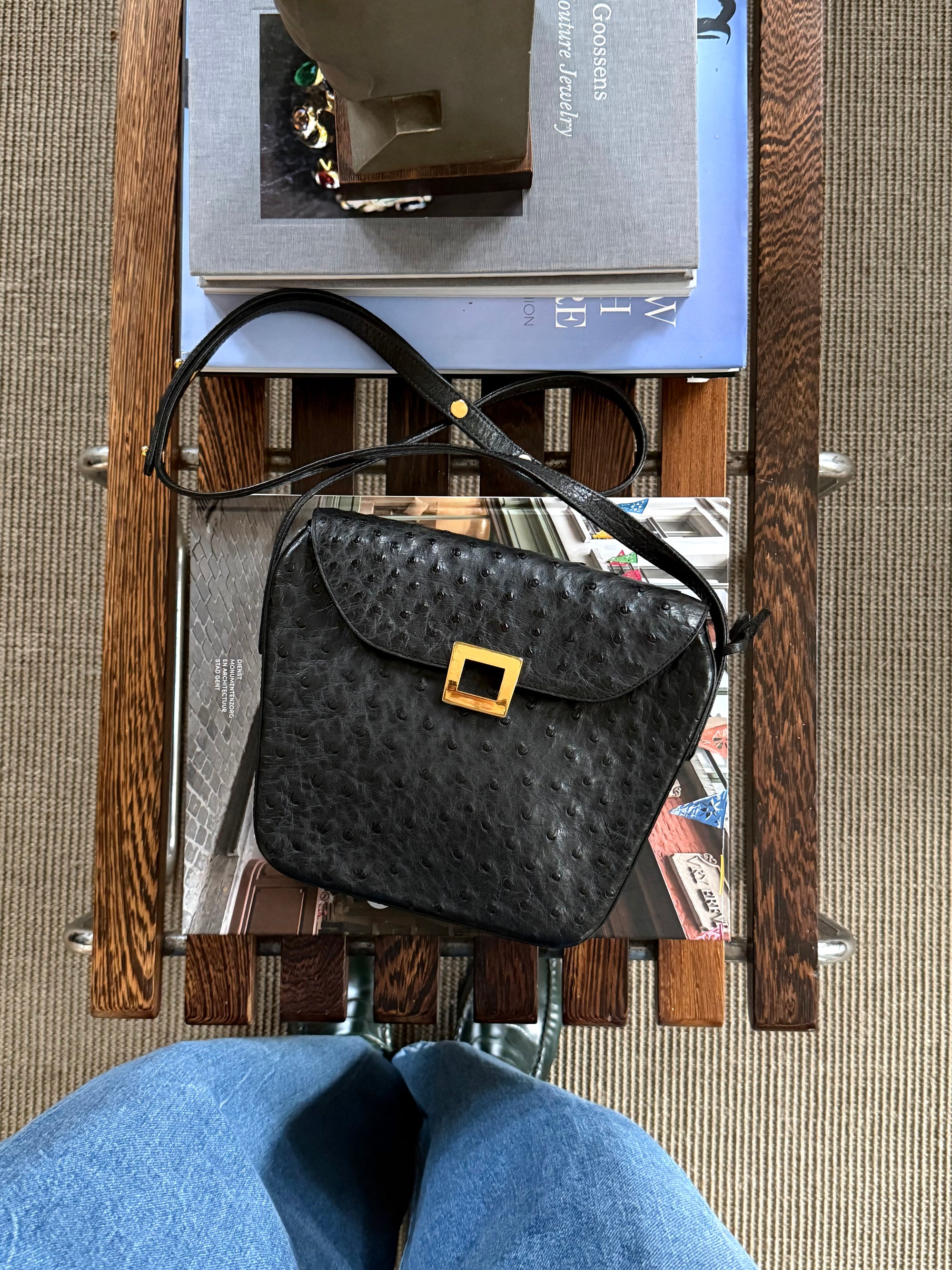 Delvaux Black Amité Ostrich Crossbody Bag