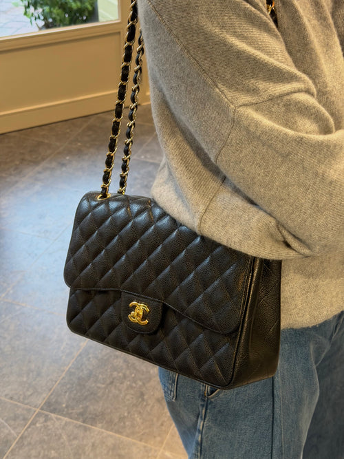 Chanel Black Caviar Leather Jumbo Timeless Double Flap Bag
