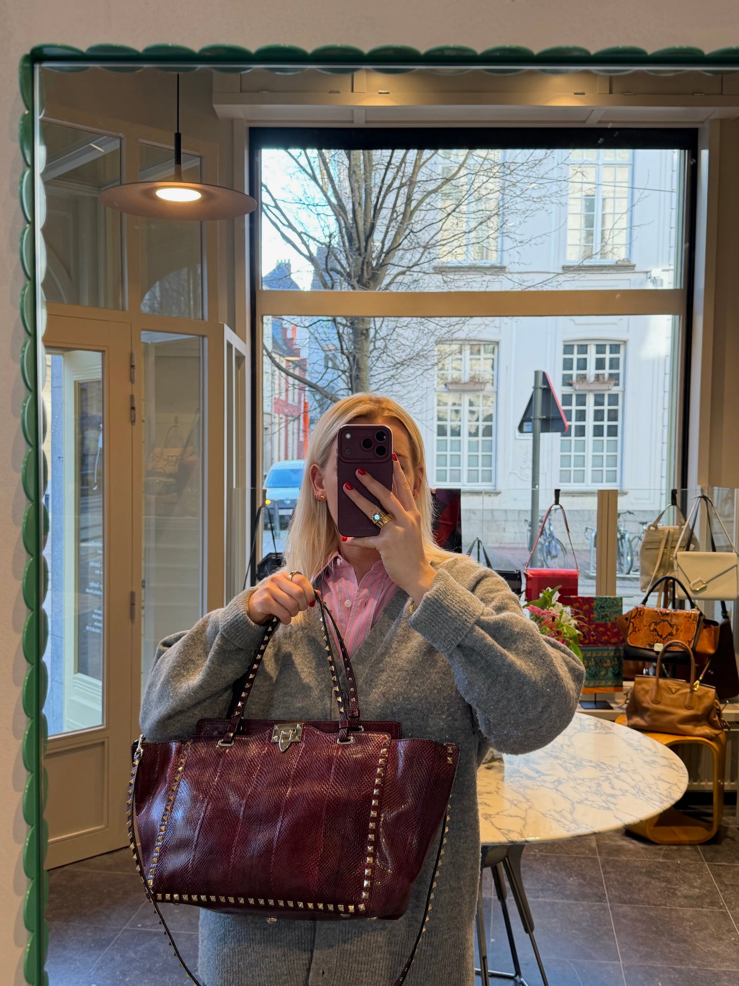 Valentino Garavani Burgundy Python Rockstud Shopping Bag