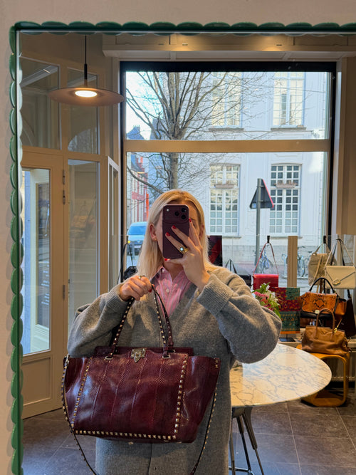 Valentino Garavani Burgundy Python Rockstud Shopping Bag