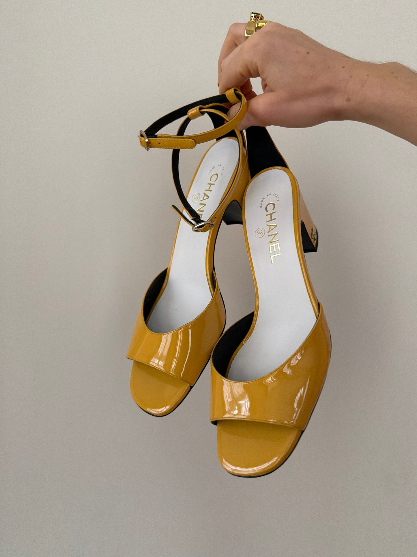 Chanel Yellow Patent Leather CC Ankle Strap Sandals