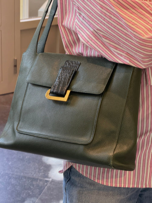 Delvaux Forest Green Leather/Croco Flambeau Shoulder Bag