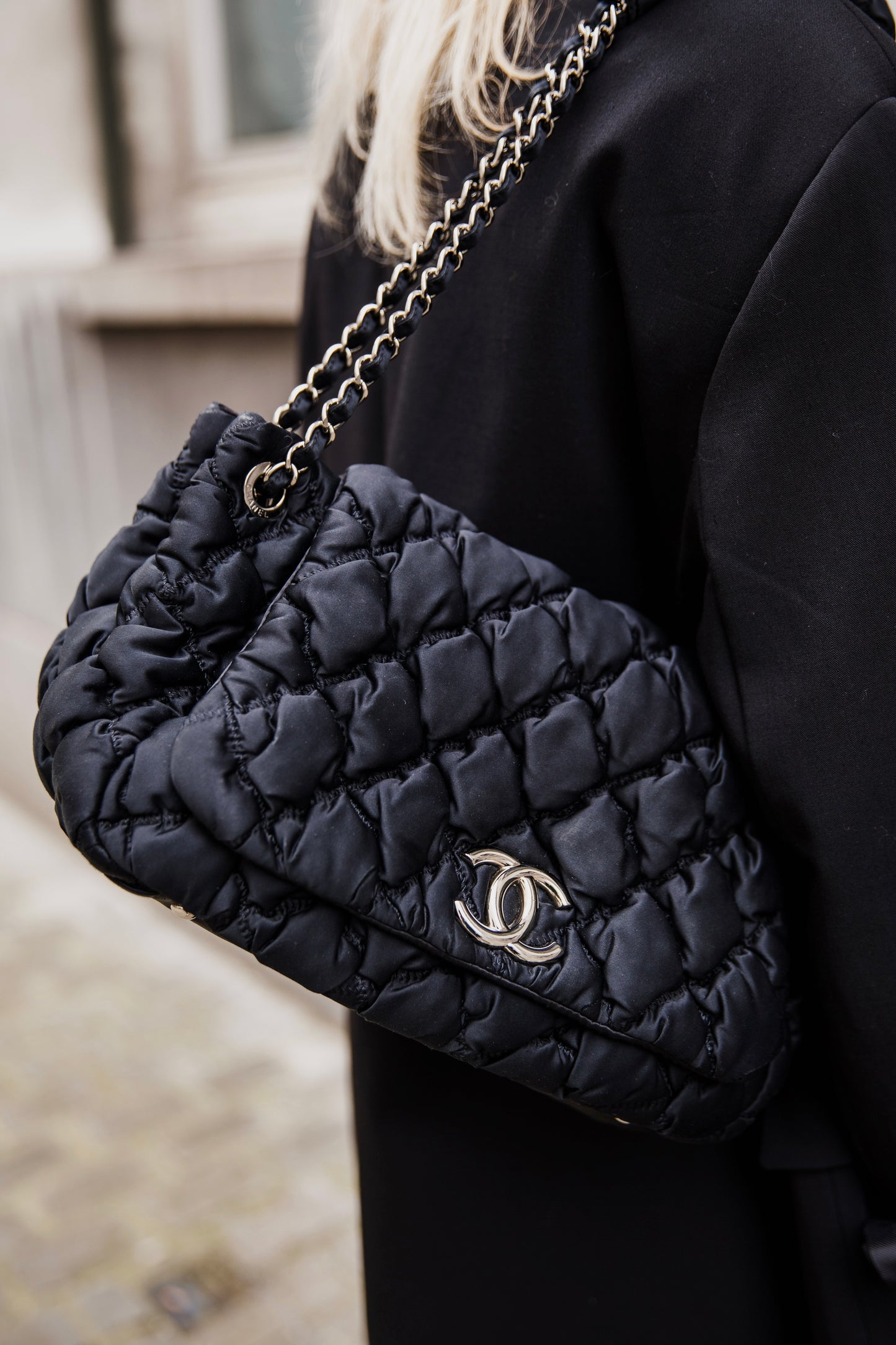 Chanel Black Quilted Bubble Jersey Flap Bag