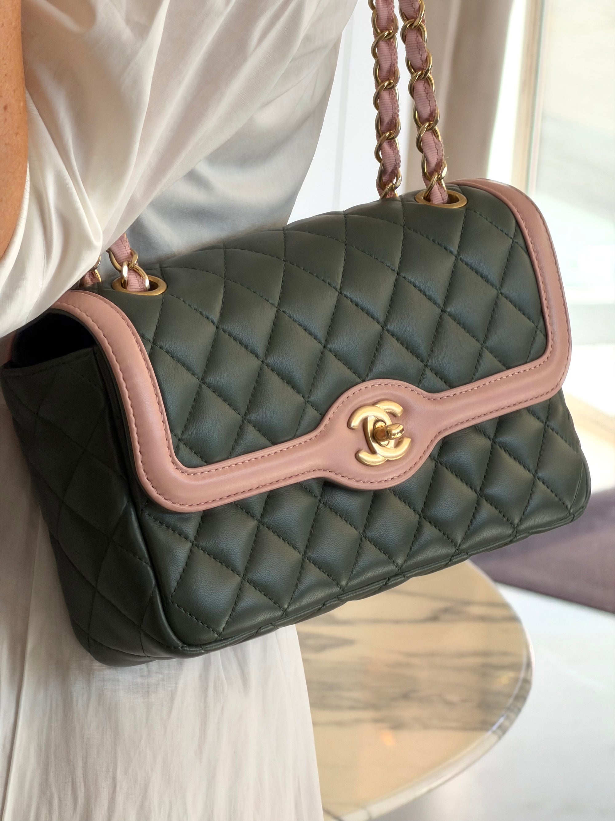 Chanel Green & Pink Quilted Lambskin Single Flap Crossbody Bag