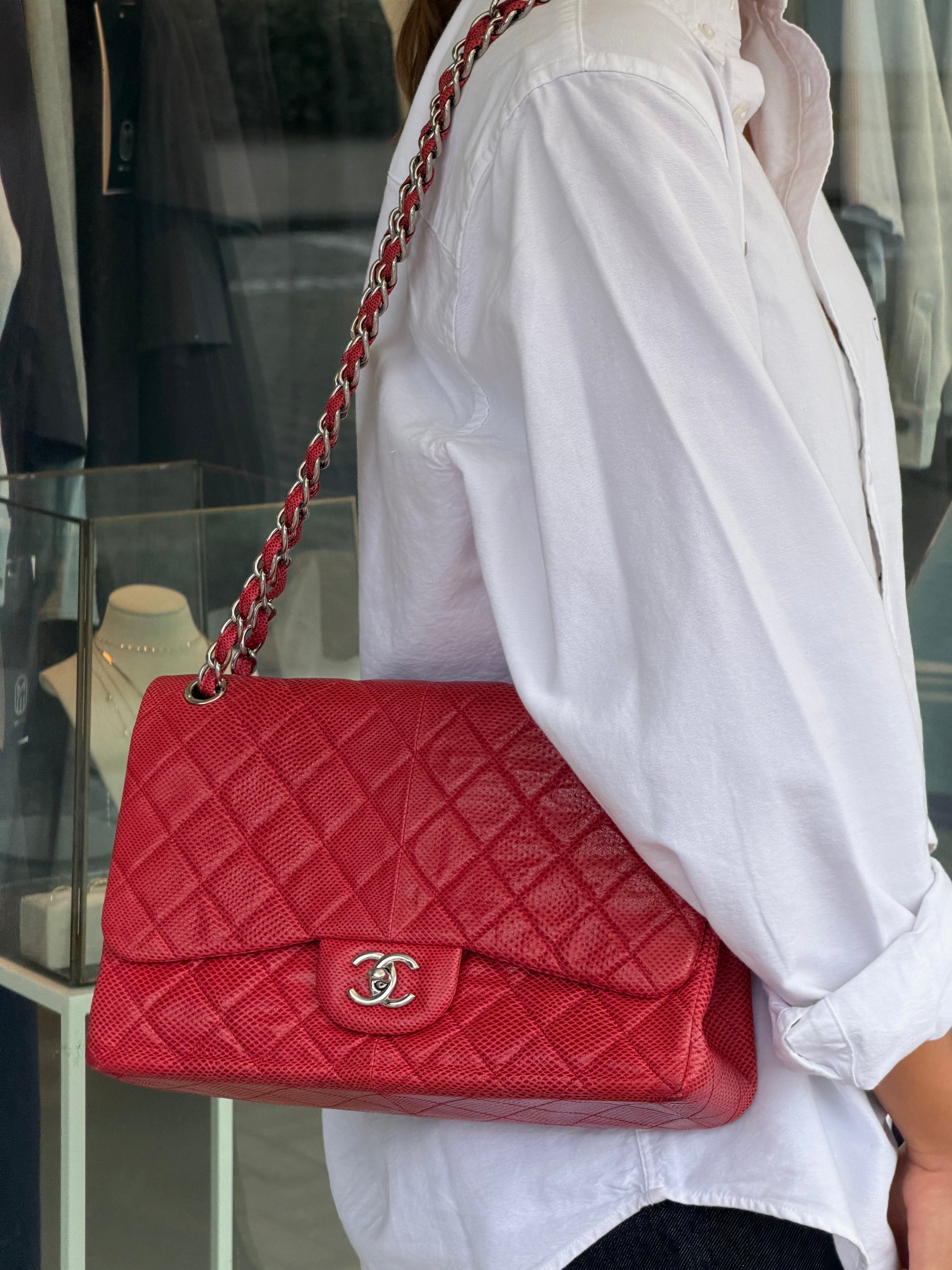 Chanel Pink Quilted Lizard Embossed Leather Jumbo Classic Double Flap Bag