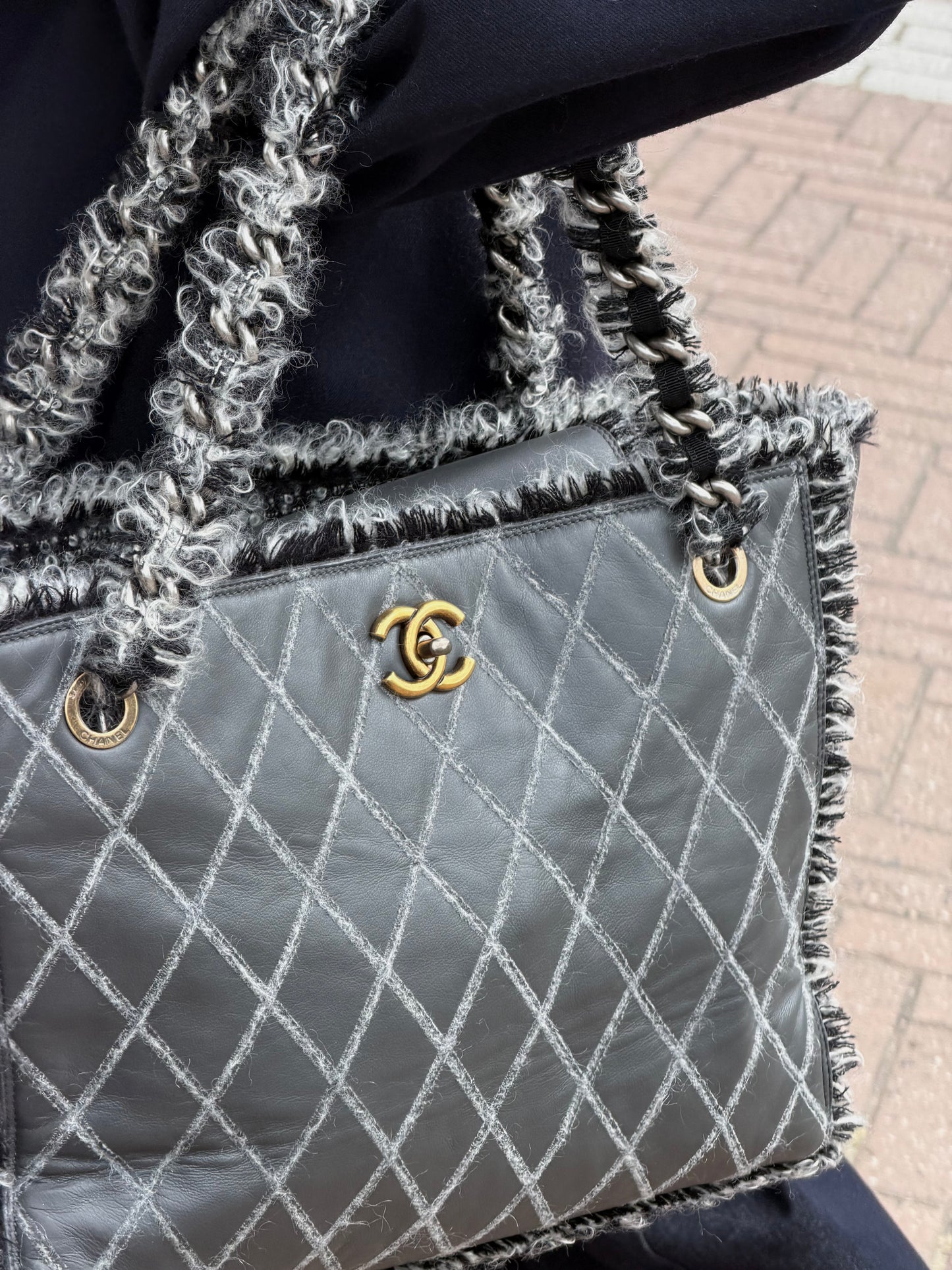 Chanel Grey Quilted Tweedy Tote Shoulder Bag