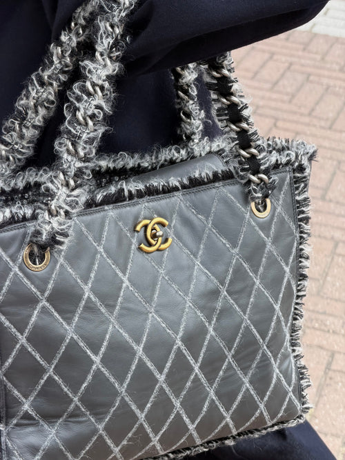 Chanel Grey Quilted Tweedy Tote Shoulder Bag