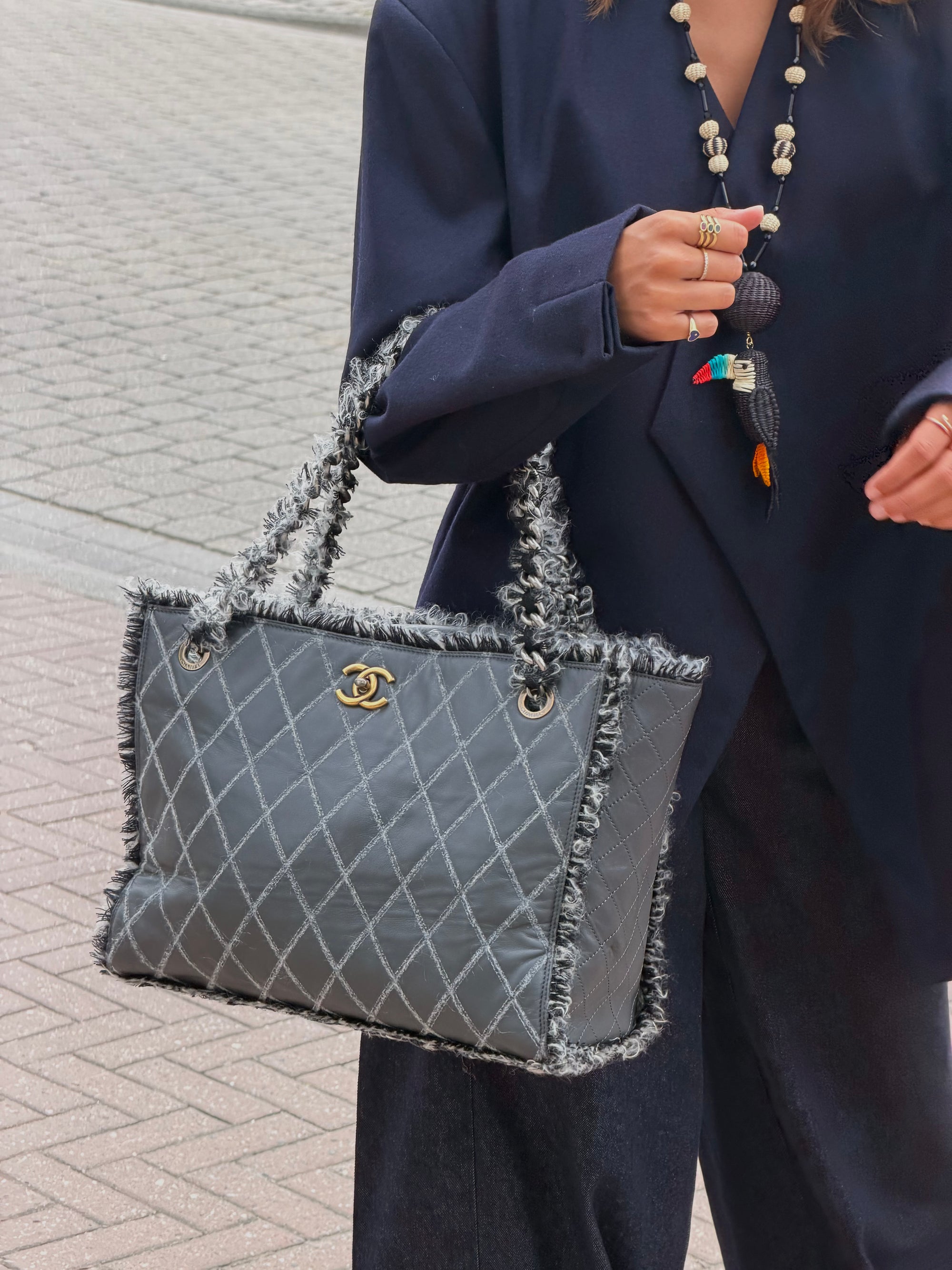 Chanel Grey Quilted Tweedy Tote Shoulder Bag
