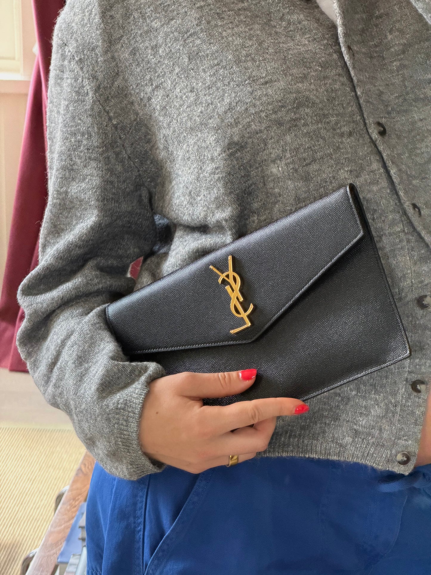 YSL Black Grained Calfskin Uptown Clutch