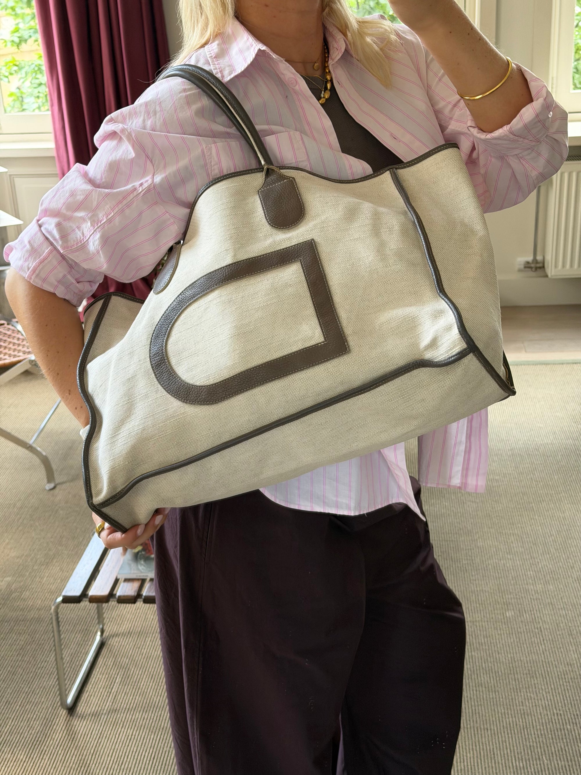 Delvaux Beige/Fauve Leather/Canvas Taxi Shoulder Bag