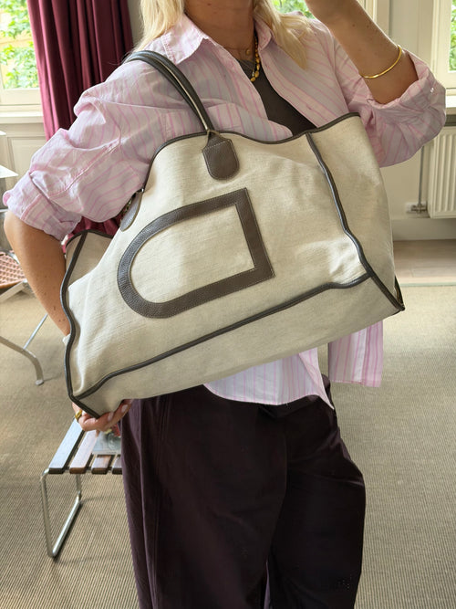 Delvaux Beige/Fauve Leather/Canvas Taxi Shoulder Bag