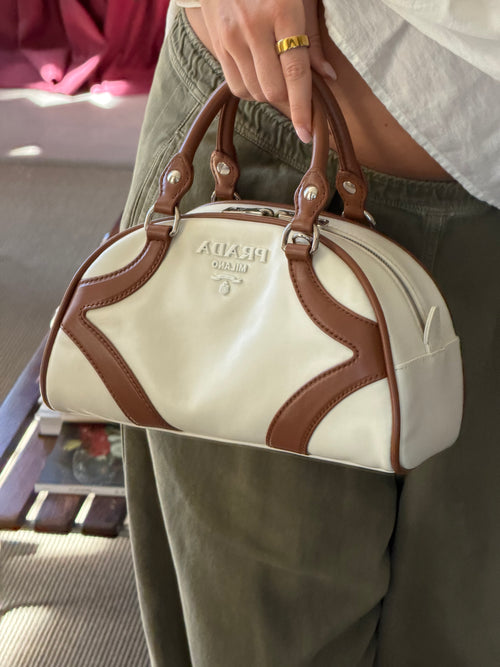 Prada Brown/White Soft Calfskin Leather Bowling Bag