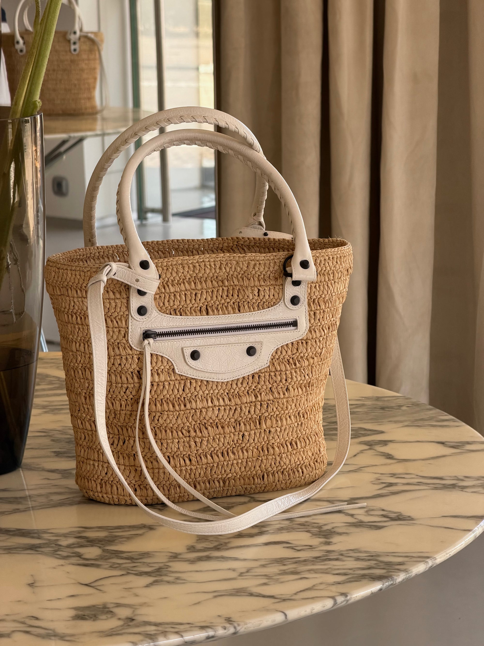 Balenciaga Cream Raffia Le City Bag