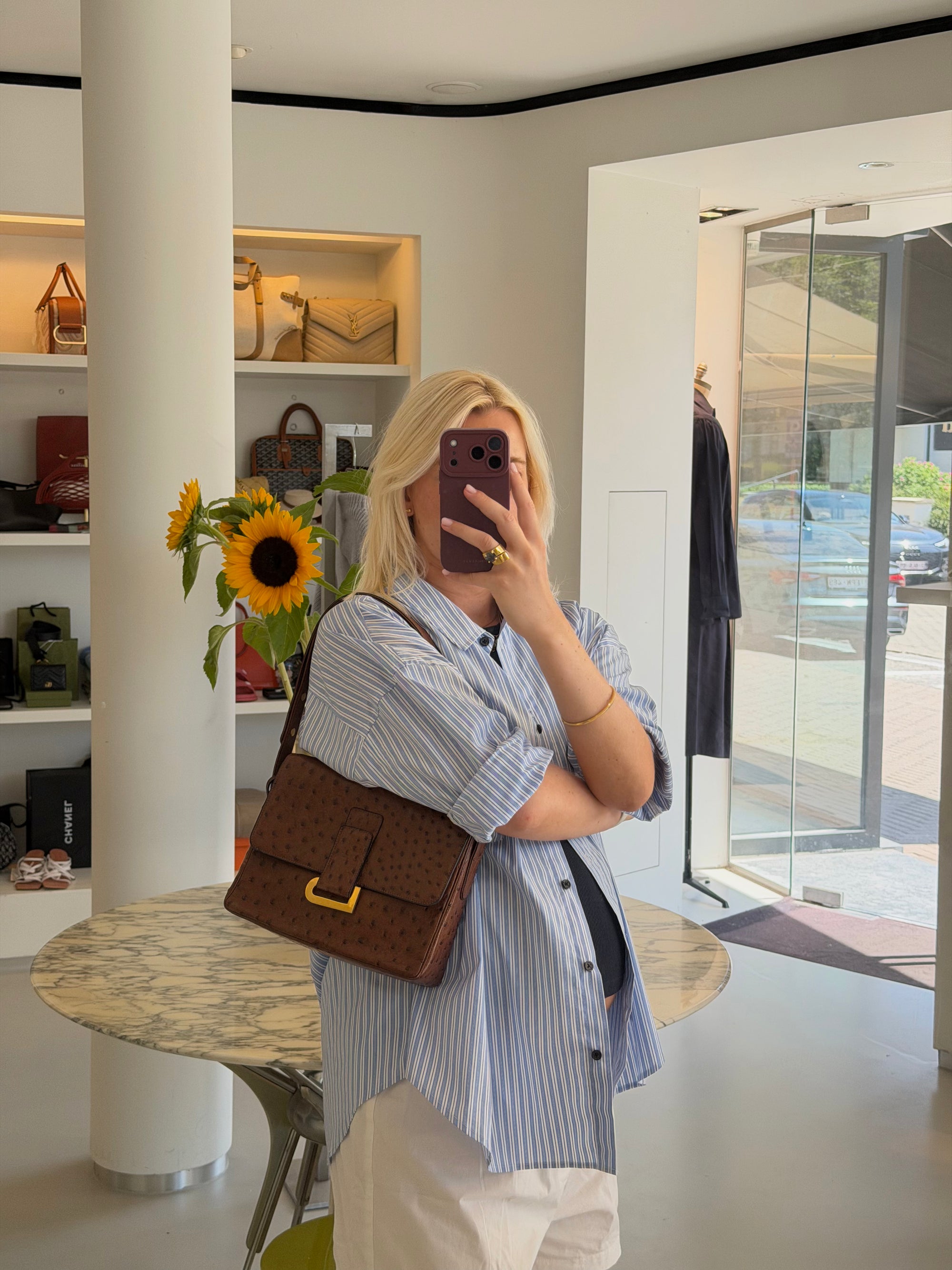 Delvaux Poirier Tabac Ostrich Leather Crossbody Bag