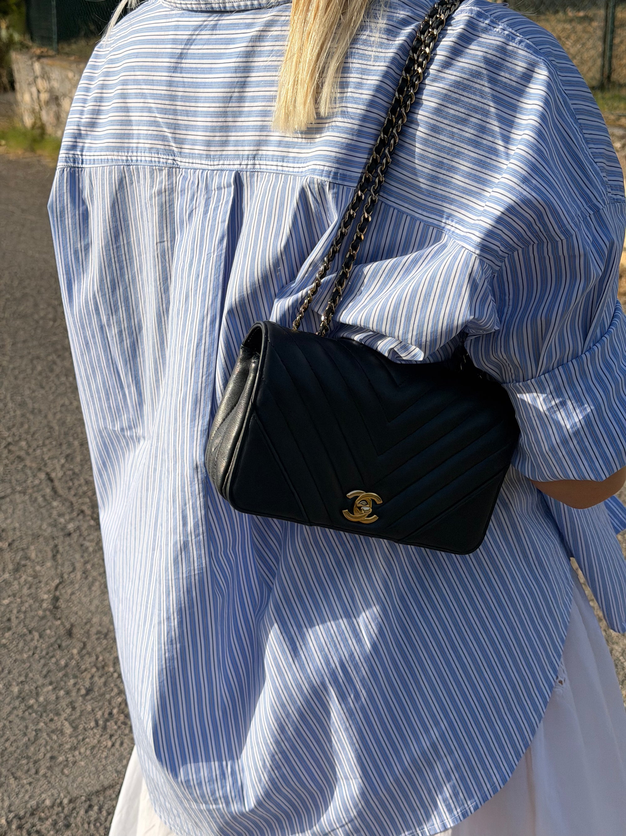 Chanel Blue Chevron Quilted Lambskin Mini Flap Crossbody Bag