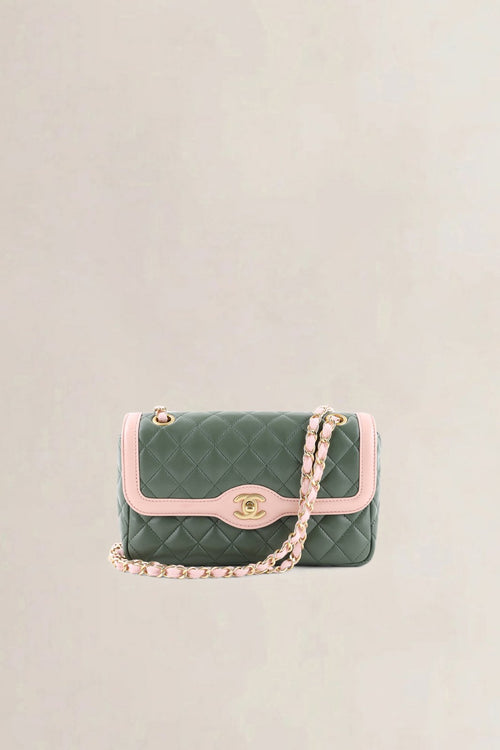 Chanel Green & Pink Quilted Lambskin Single Flap Crossbody Bag